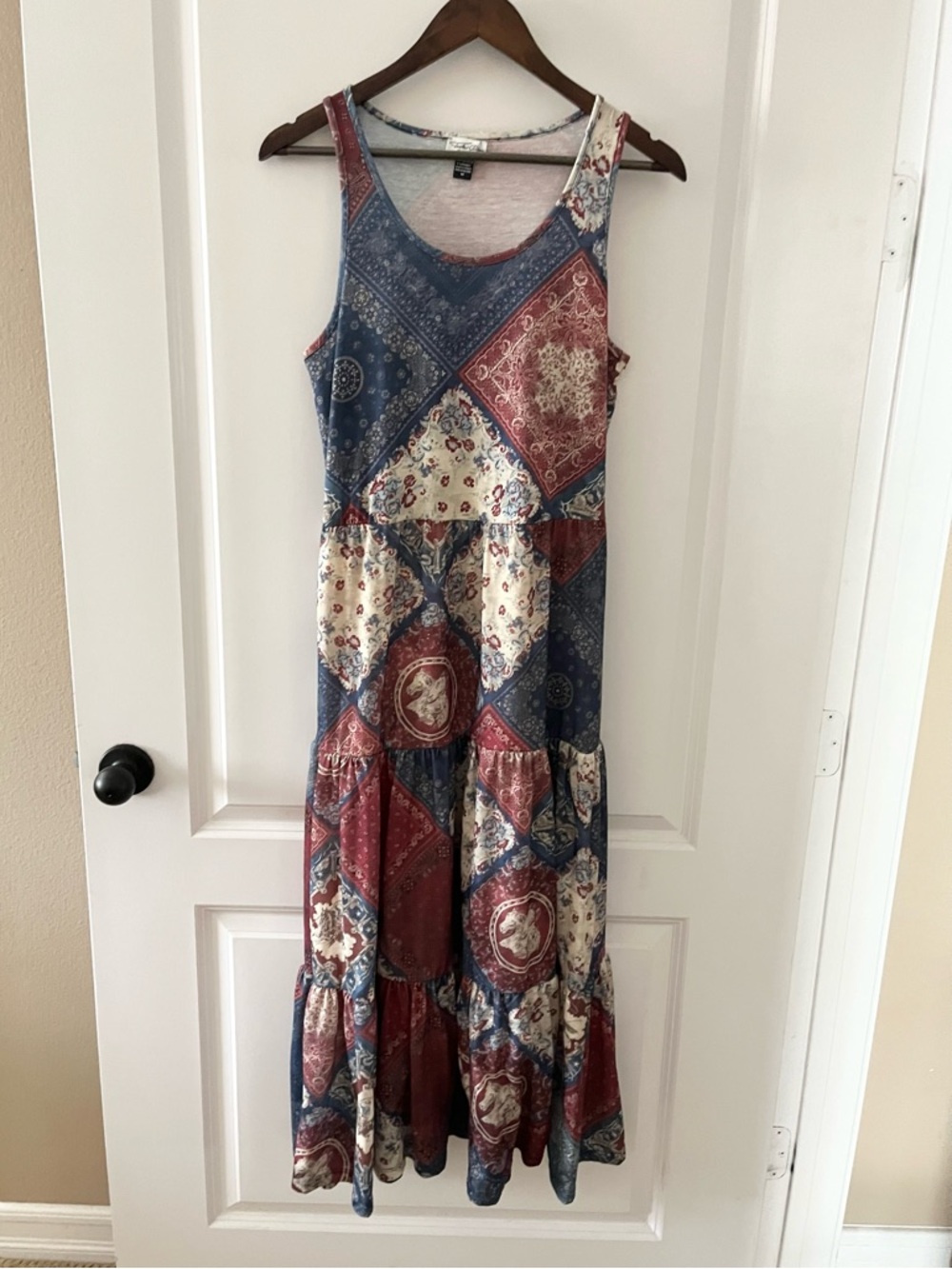 Tasha Polizzi Blue, Red & Cream Patchwork Maxi Dress